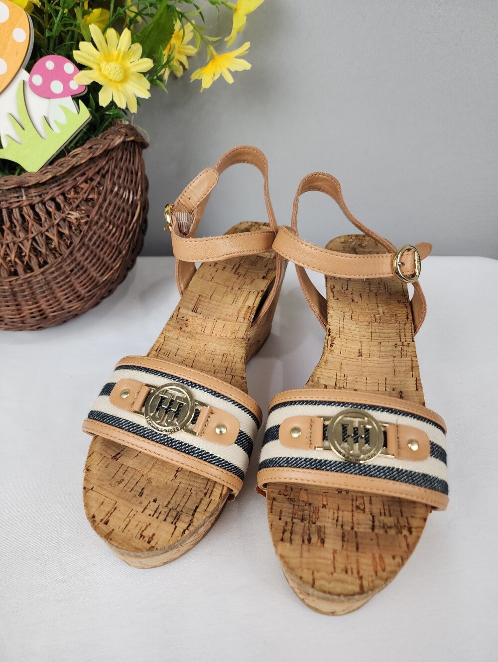 Tommy Hilfiger Wedge Sandals - Cork Base And Navy Stripe Accent Sz 7.5